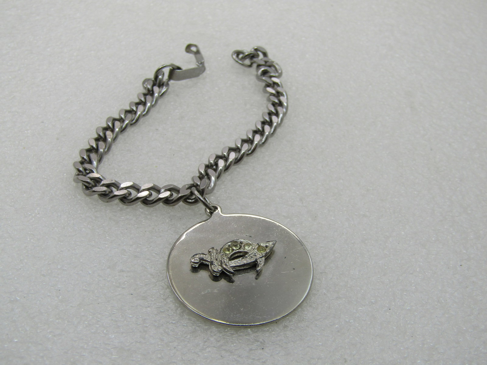 Vintage Shriner's Rhinestone Saber Charm Bracelet, 7", Stainless - 2