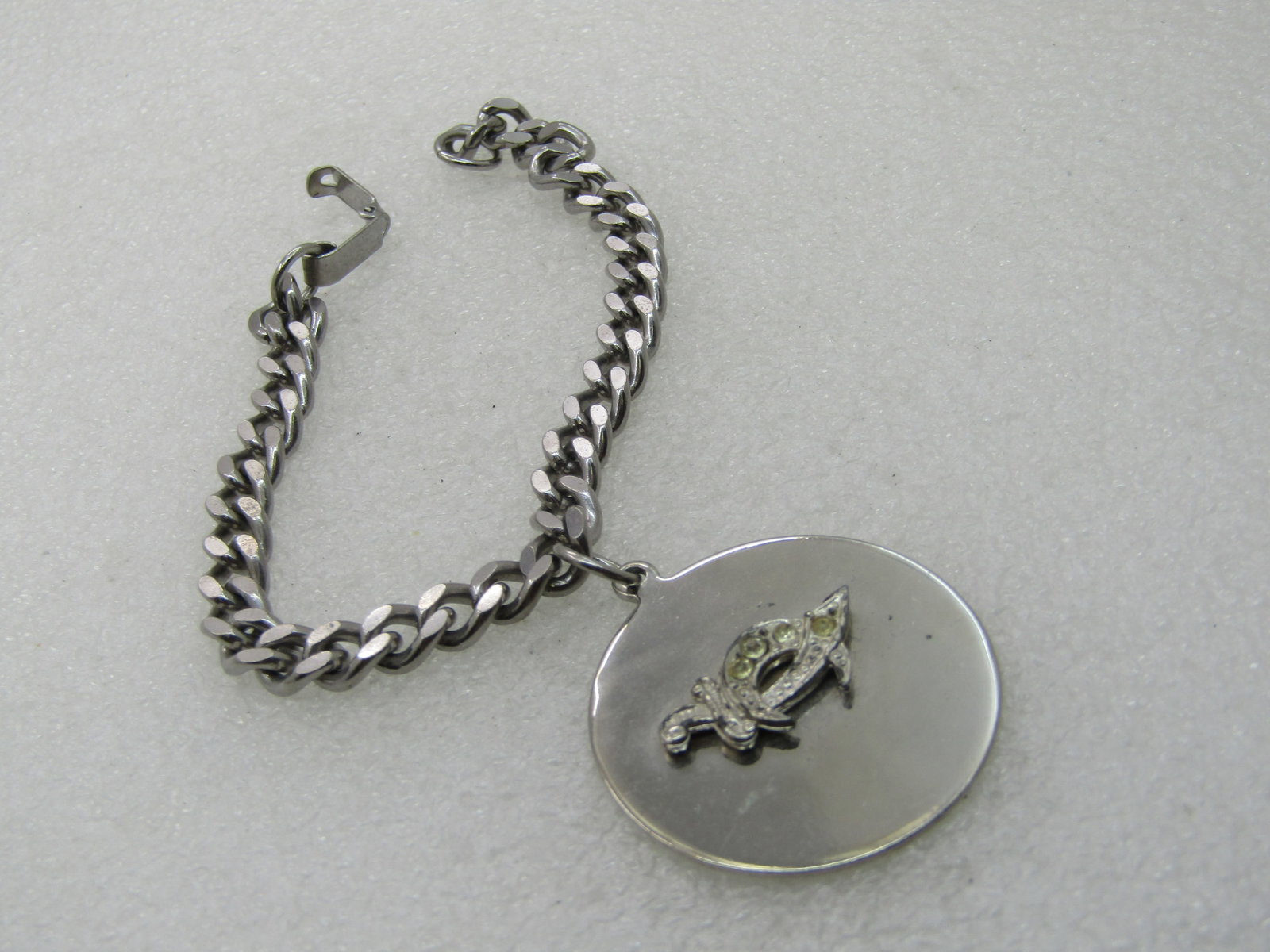Vintage Shriner's Rhinestone Saber Charm Bracelet, 7", Stainless - 3