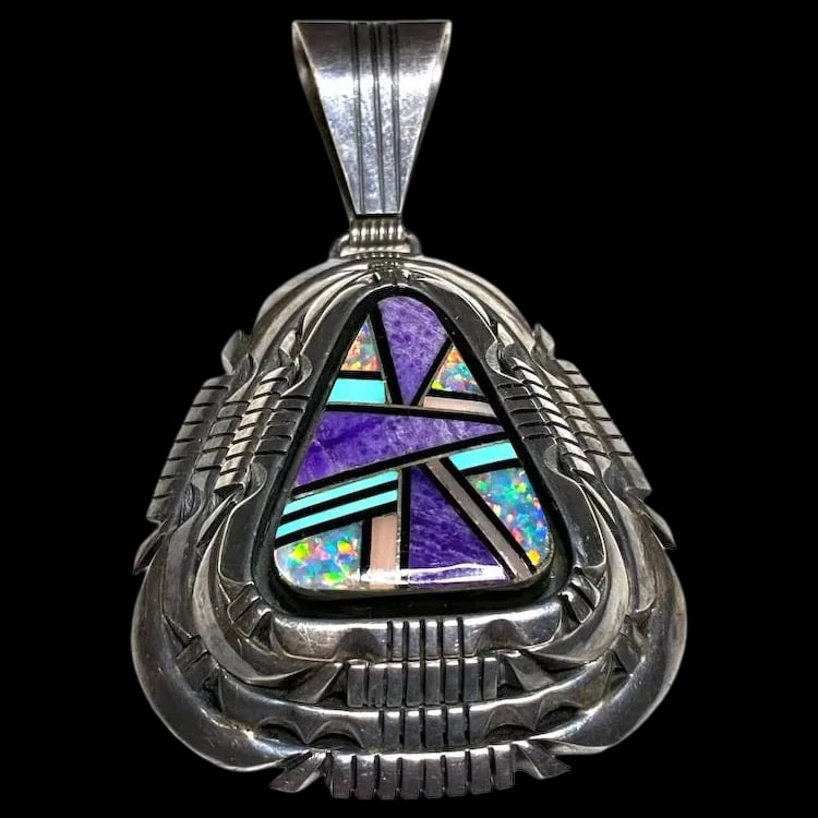 Vintage Signed Tom Lewis Navajo Abstract Mosaic Opal and Turquoise Inlay Pendant: Title: Vintage Signed Tom Lewis Navajo Abstract Mosaic Opal and Turquoise Inlay Pendant Description: Vintage Signed Tom Lewis Navajo Abstract Mosaic Opal and Turquoise Inlay Pendant Date/Period: Vinta