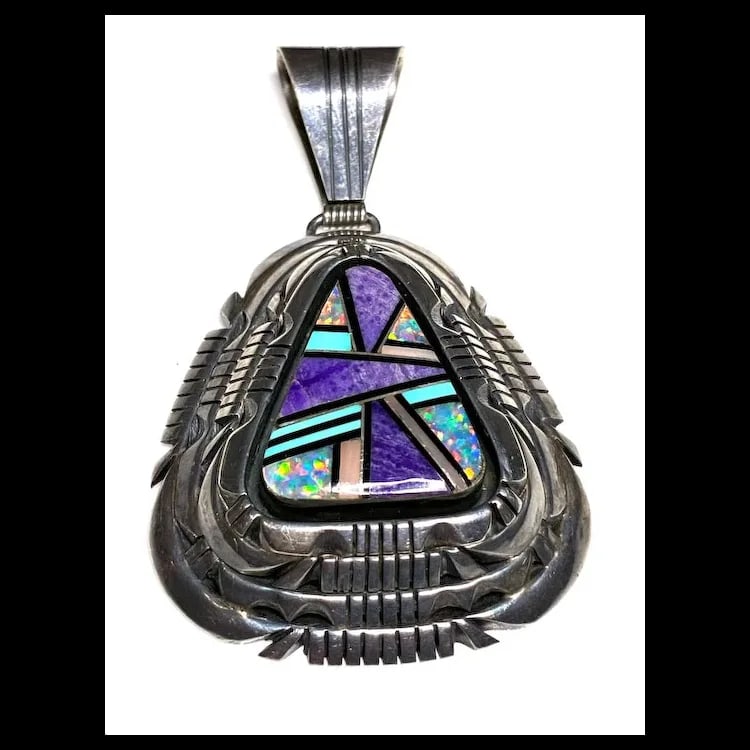 Vintage Signed Tom Lewis Navajo Abstract Mosaic Opal and Turquoise Inlay Pendant - 2