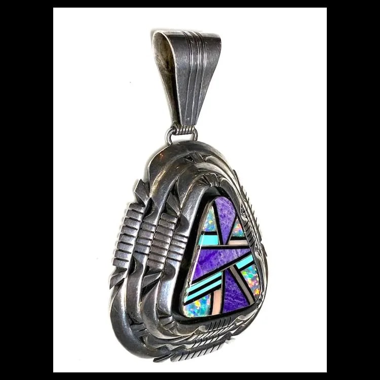 Vintage Signed Tom Lewis Navajo Abstract Mosaic Opal and Turquoise Inlay Pendant - 3