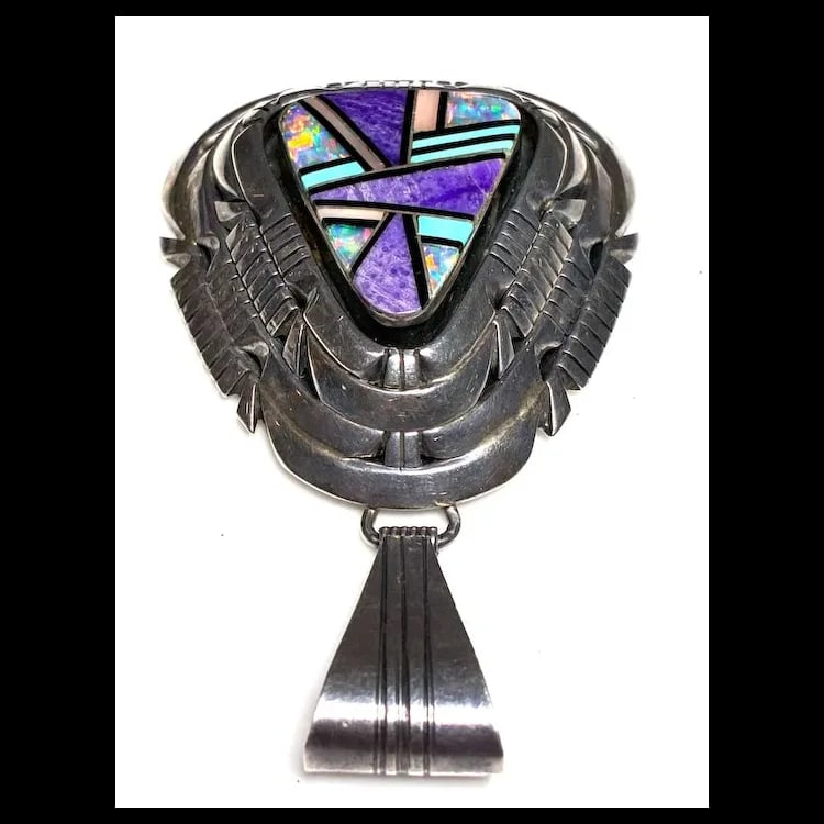 Vintage Signed Tom Lewis Navajo Abstract Mosaic Opal and Turquoise Inlay Pendant - 4