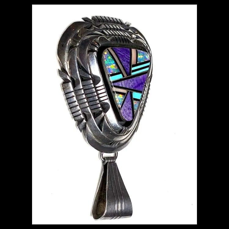 Vintage Signed Tom Lewis Navajo Abstract Mosaic Opal and Turquoise Inlay Pendant - 5