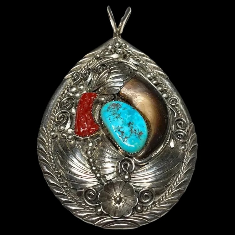 Vintage Oversized Navajo Ted Joe Sterling Silver Bear Claw, Coral, and Turquoise Pendant (1 of 9)