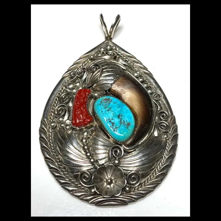 Vintage Oversized Navajo Ted Joe Sterling Silver Bear Claw, Coral, and Turquoise Pendant - 2