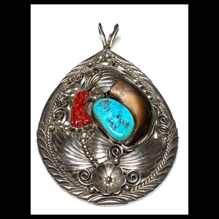 Vintage Oversized Navajo Ted Joe Sterling Silver Bear Claw, Coral, and Turquoise Pendant - 3