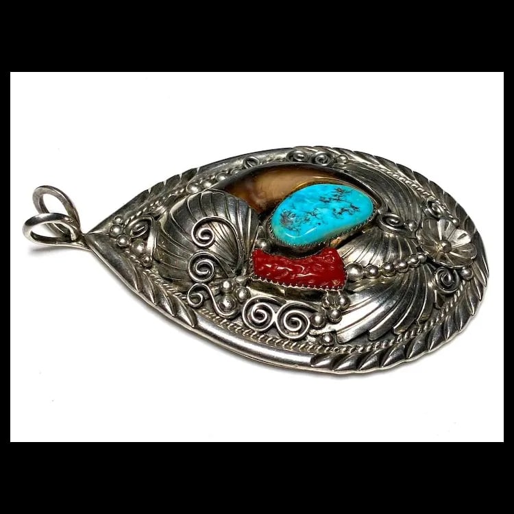 Vintage Oversized Navajo Ted Joe Sterling Silver Bear Claw, Coral, and Turquoise Pendant - 4