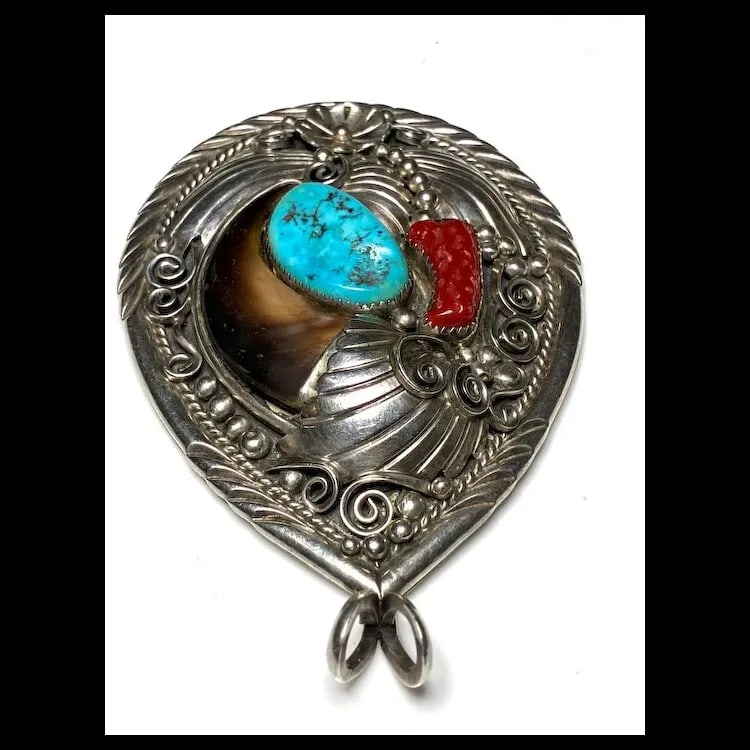 Vintage Oversized Navajo Ted Joe Sterling Silver Bear Claw, Coral, and Turquoise Pendant - 5