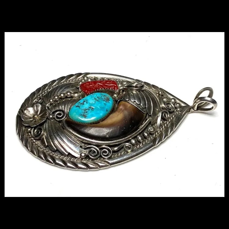 Vintage Oversized Navajo Ted Joe Sterling Silver Bear Claw, Coral, and Turquoise Pendant - 6