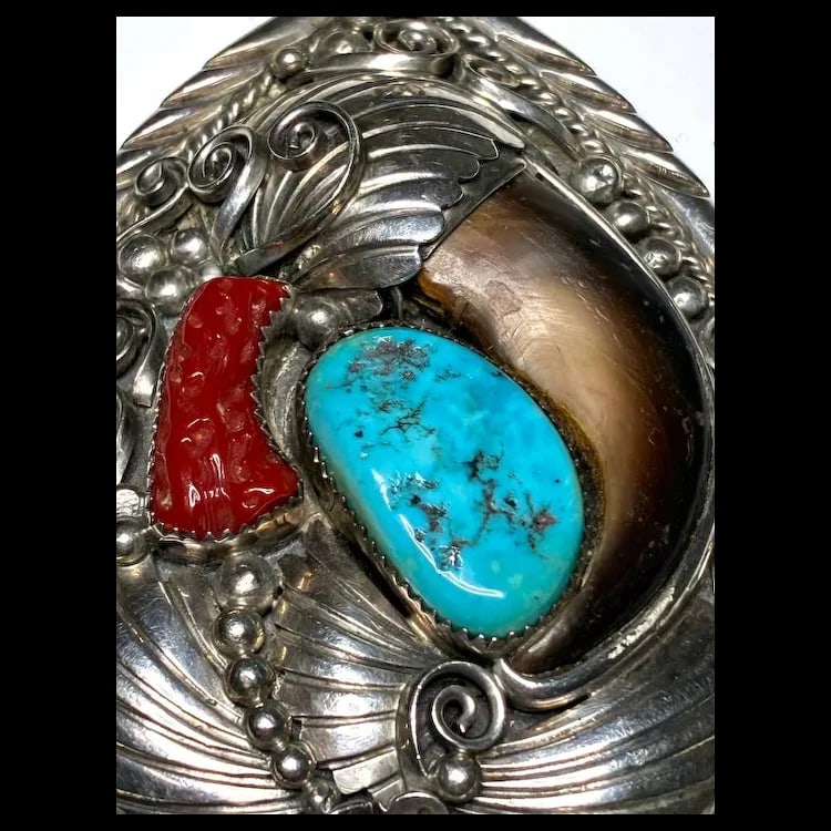 Vintage Oversized Navajo Ted Joe Sterling Silver Bear Claw, Coral, and Turquoise Pendant - 7
