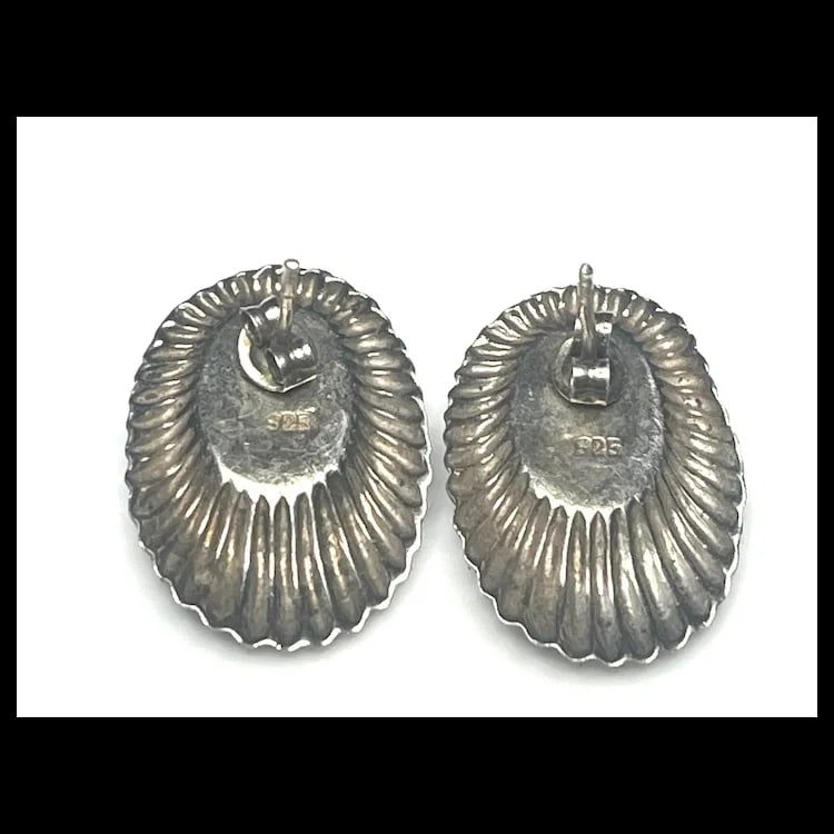 Estate Native American Sterling silver and Black Onyx Oval Earrings - 4