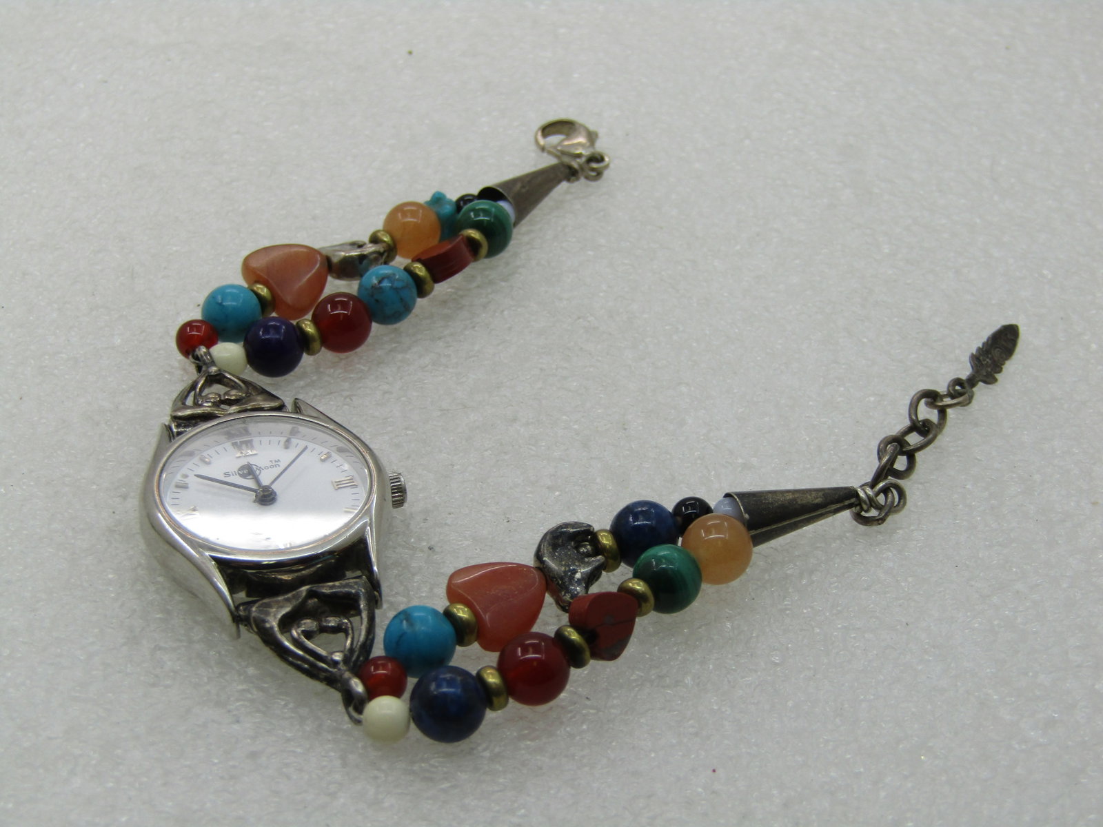 Southwestern Sterling Silver Moon Ladies Watch with Double Strand Stone Beaded Bracelet Band, 7.5": Southwestern Sterling Silver Moon Ladies Watch with Double Strand Stone Beaded Bracelet Band, 7.5", signed JD and marked sterling on the end cones The watch is a Silver Moon Quartz watch, Roman Numera