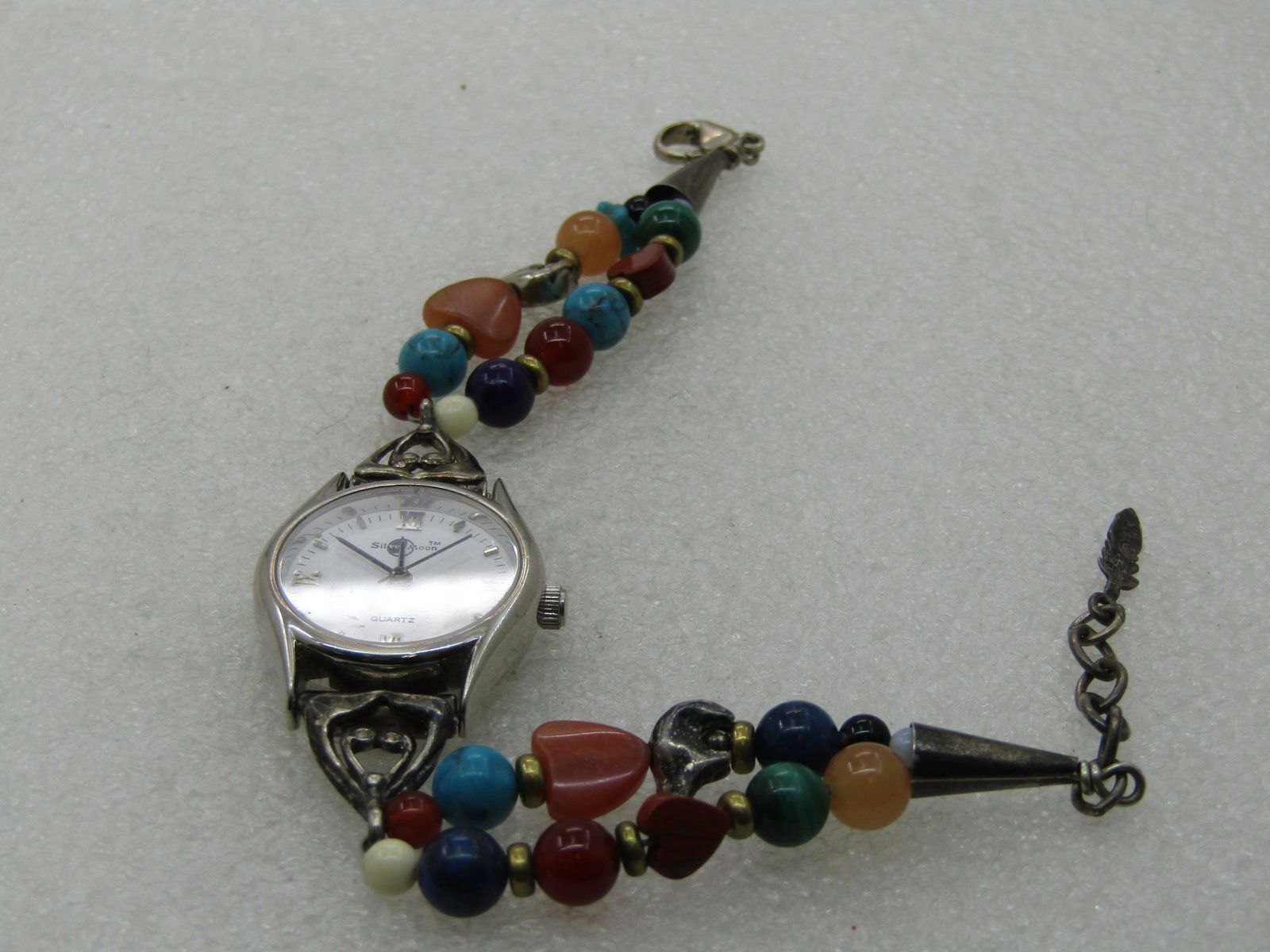 Southwestern Sterling Silver Moon Ladies Watch with Double Strand Stone Beaded Bracelet Band, 7.5" - 2