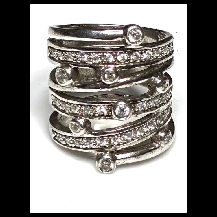 Estate Multi Band Bezel & Pave Sterling SIlver Cocktail Statement Ring - 2