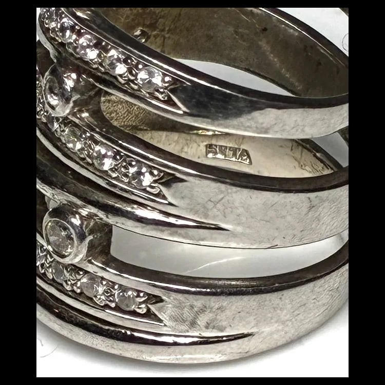 Estate Multi Band Bezel & Pave Sterling SIlver Cocktail Statement Ring - 3
