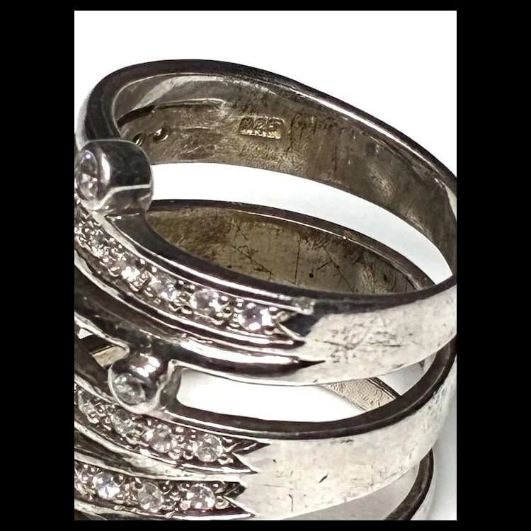 Estate Multi Band Bezel & Pave Sterling SIlver Cocktail Statement Ring - 4