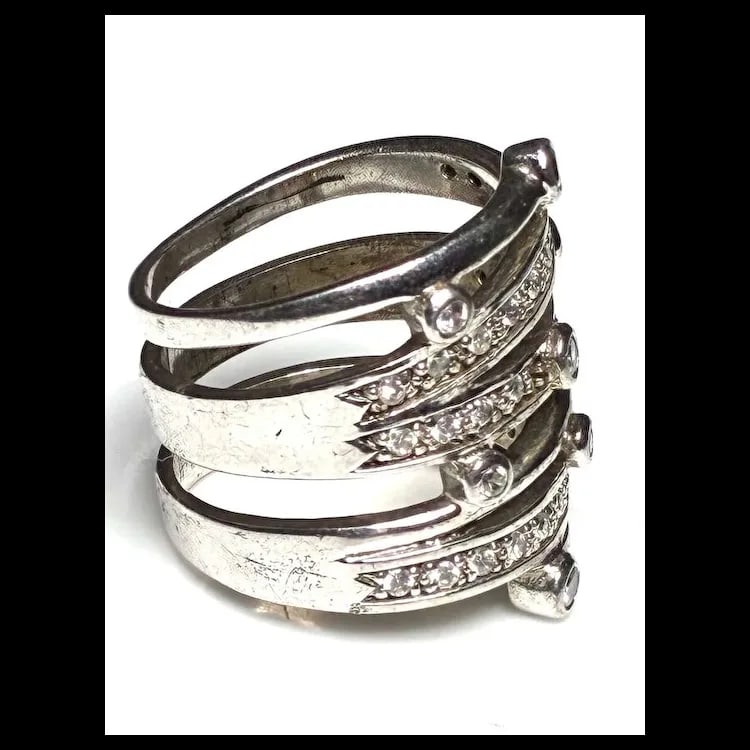 Estate Multi Band Bezel & Pave Sterling SIlver Cocktail Statement Ring - 5