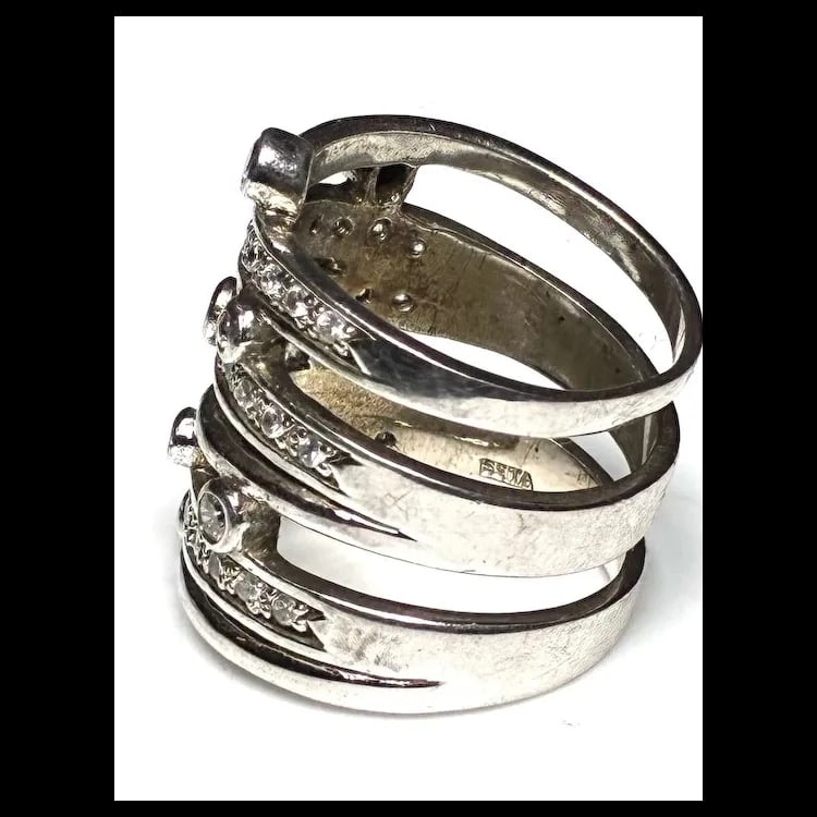 Estate Multi Band Bezel & Pave Sterling SIlver Cocktail Statement Ring - 6