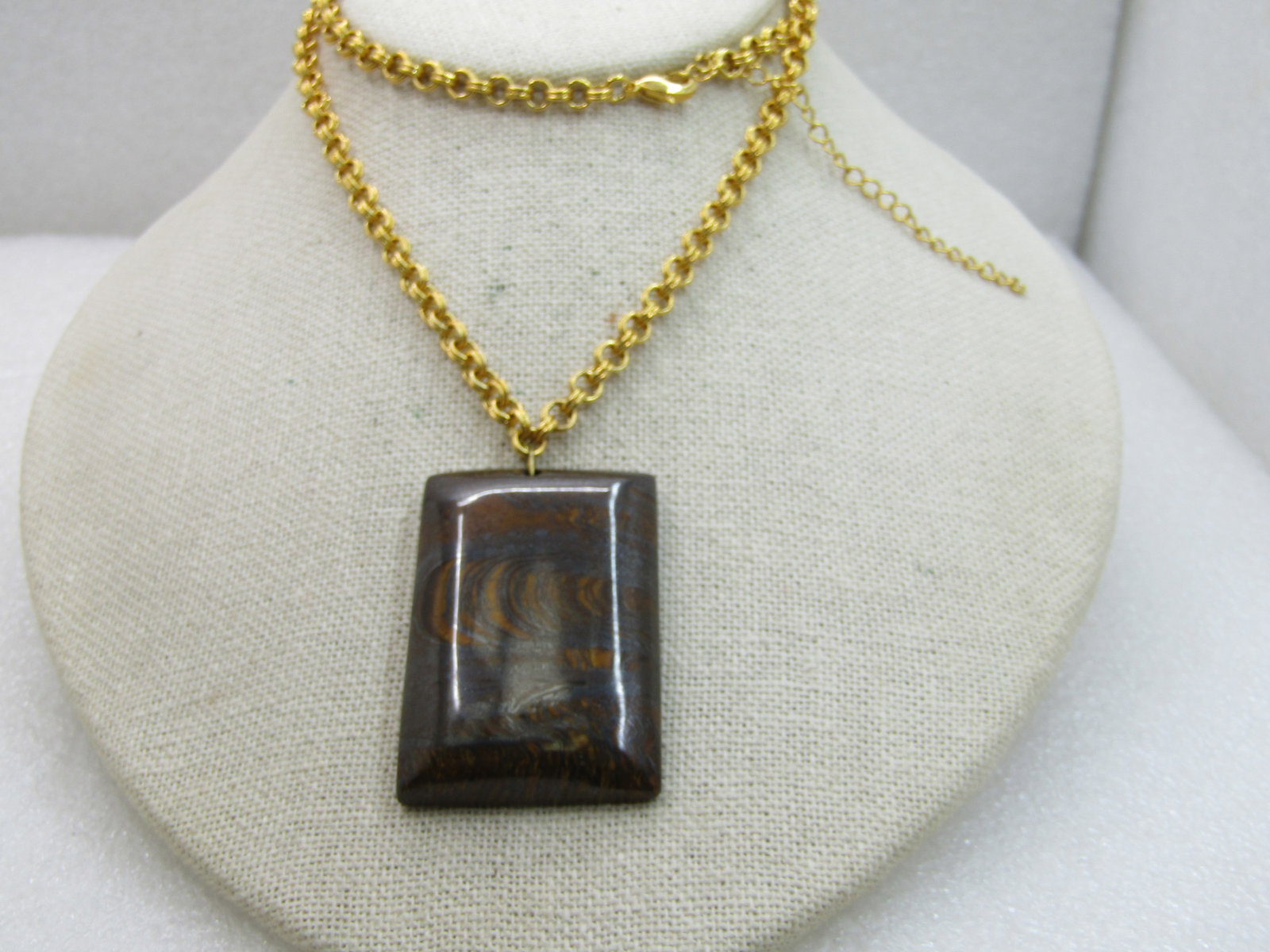 Tiger's Eye Necklace, Rectangular Pendant 24" Gold Tone Chain, Southwestern Vibe - 2