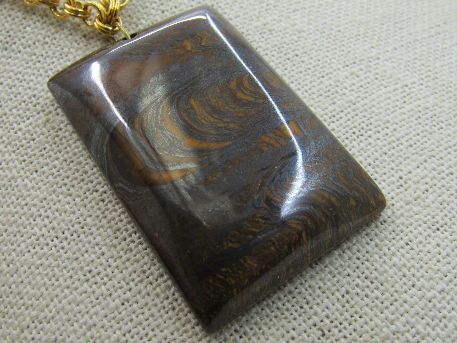 Tiger's Eye Necklace, Rectangular Pendant 24" Gold Tone Chain, Southwestern Vibe - 3