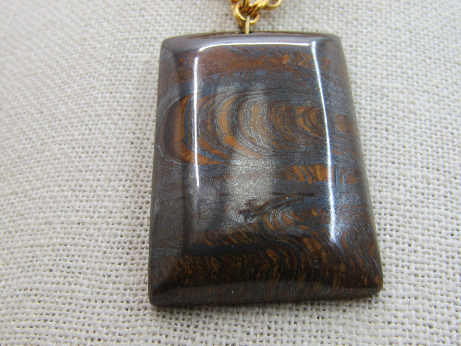 Tiger's Eye Necklace, Rectangular Pendant 24" Gold Tone Chain, Southwestern Vibe - 4