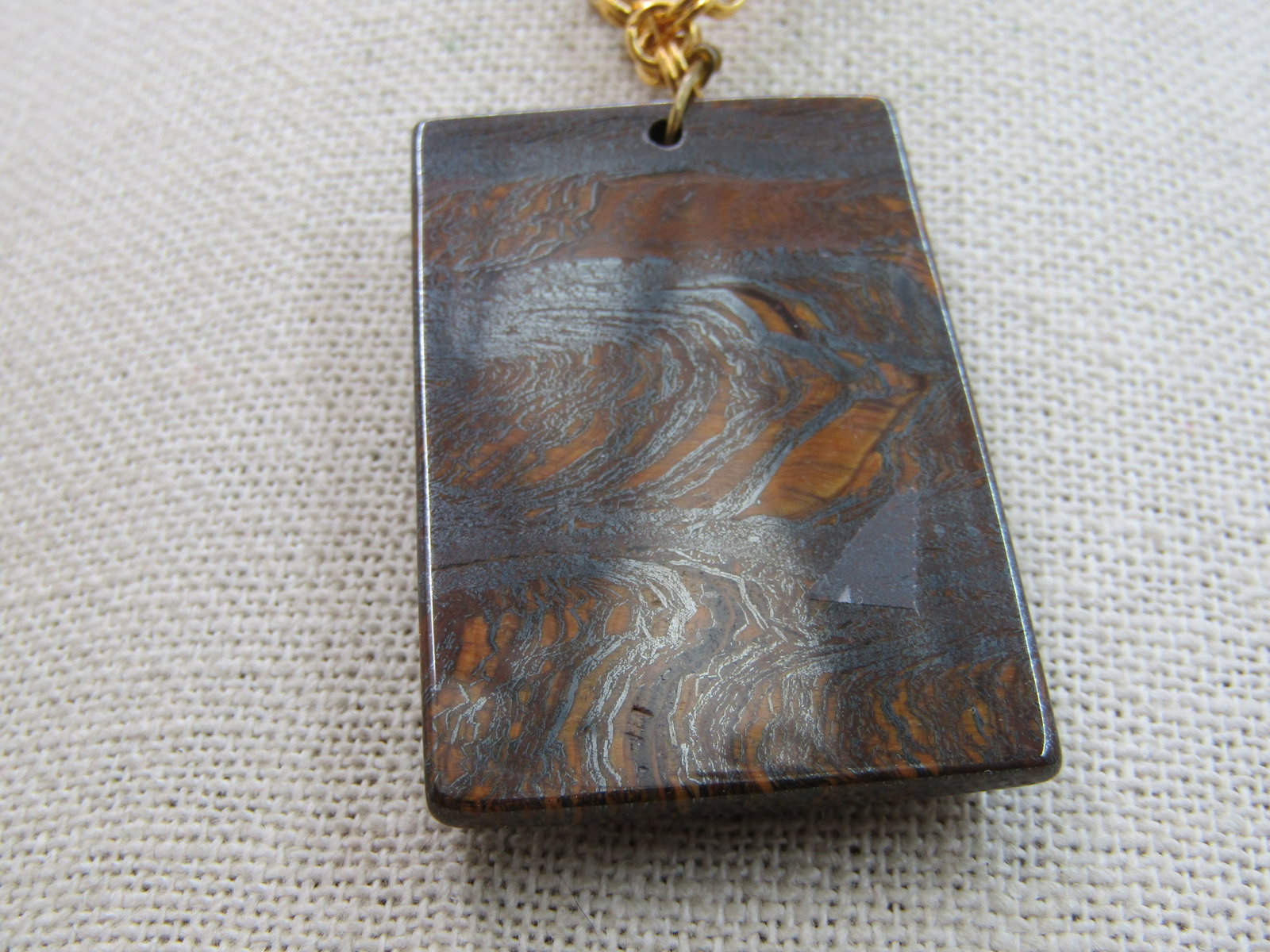 Tiger's Eye Necklace, Rectangular Pendant 24" Gold Tone Chain, Southwestern Vibe - 5