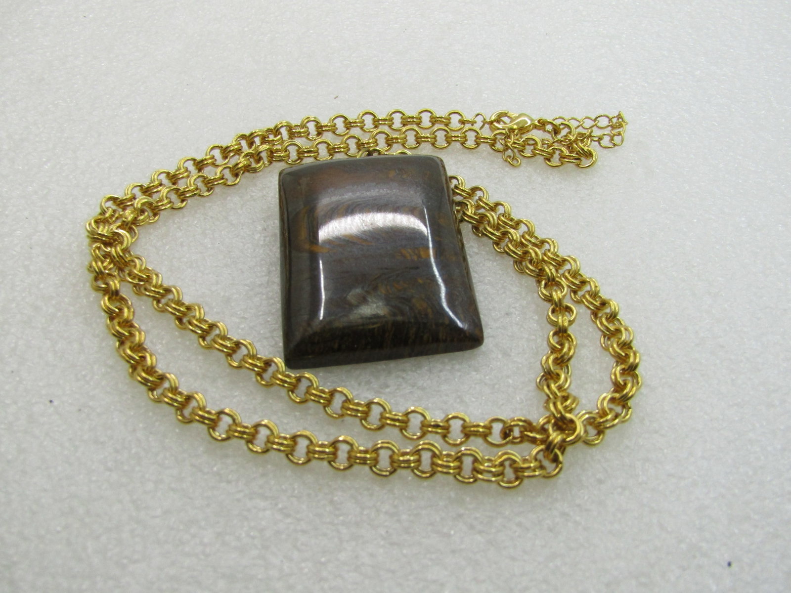 Tiger's Eye Necklace, Rectangular Pendant 24" Gold Tone Chain, Southwestern Vibe - 6