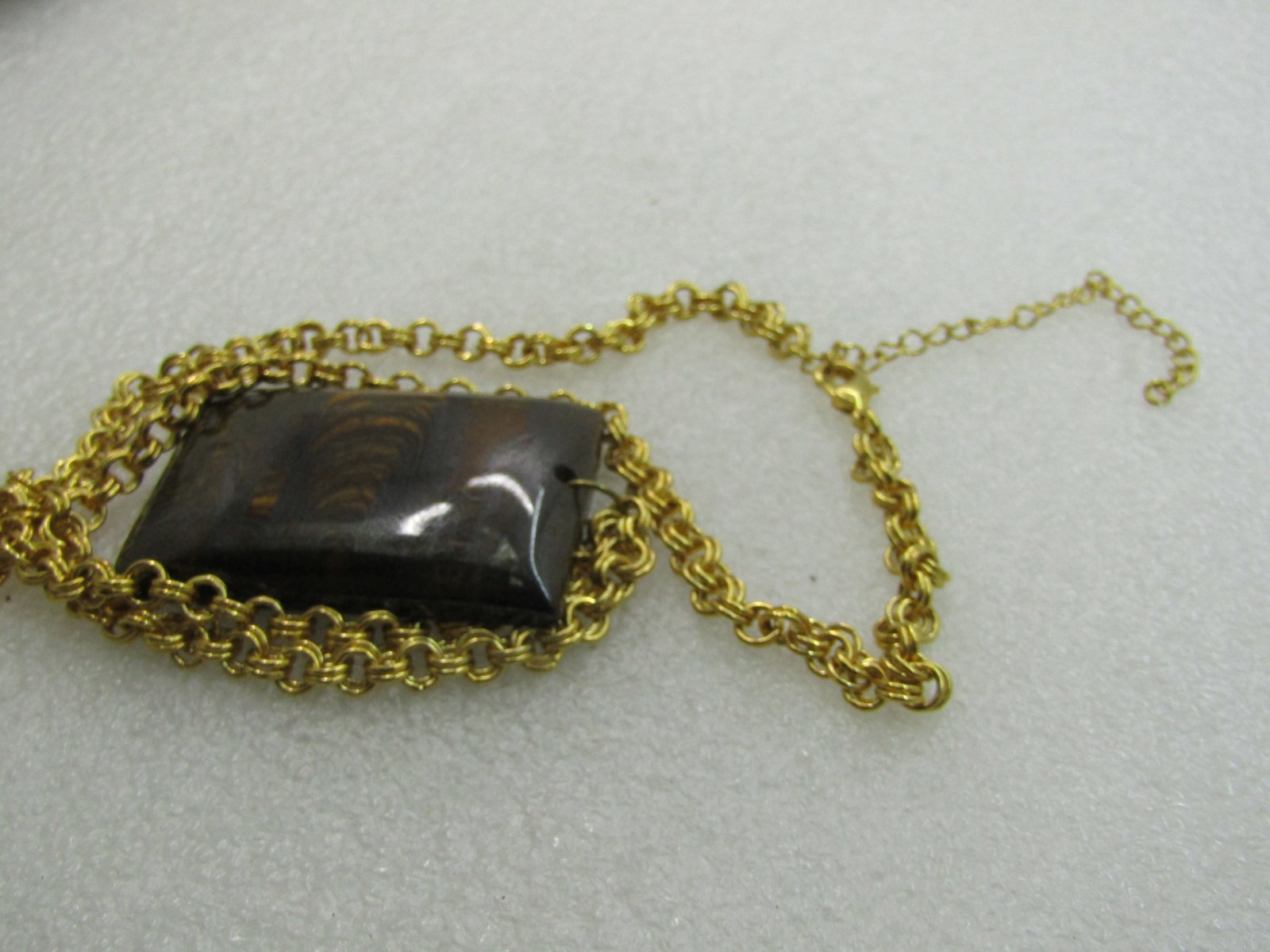 Tiger's Eye Necklace, Rectangular Pendant 24" Gold Tone Chain, Southwestern Vibe - 7