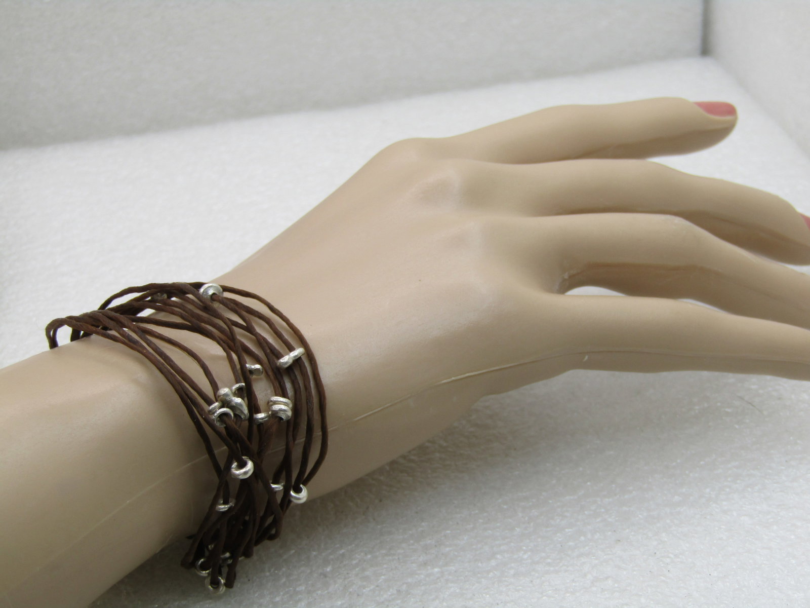 Vintage Brown Multi-Cord Beaded Bracelet, Tribal, Boho, 8", Loop Clasp - 5