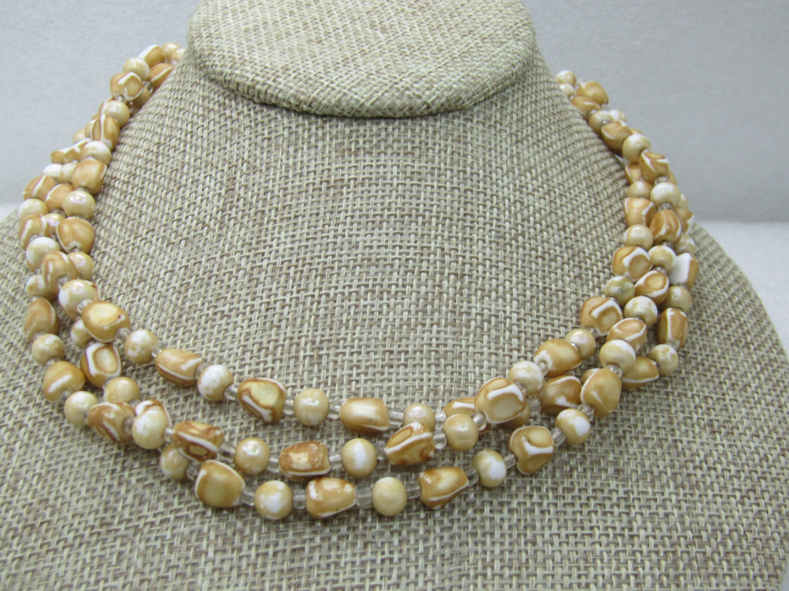 Vintage Triple Strand white/Gold Necklace, Nugget-like. 17", Japan - 2