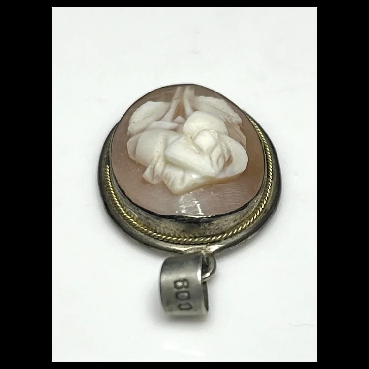 Vintage 800 Silver Shell Cameo Flower Pendant - 5