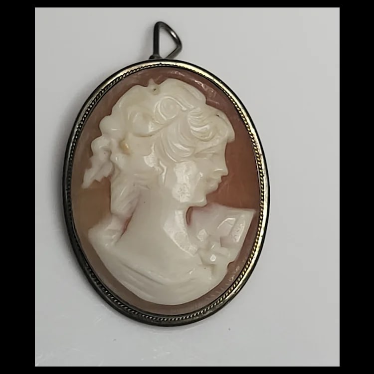Vintage Silver Hand-Carved Shell Cameo Pendant/Brooch - 2