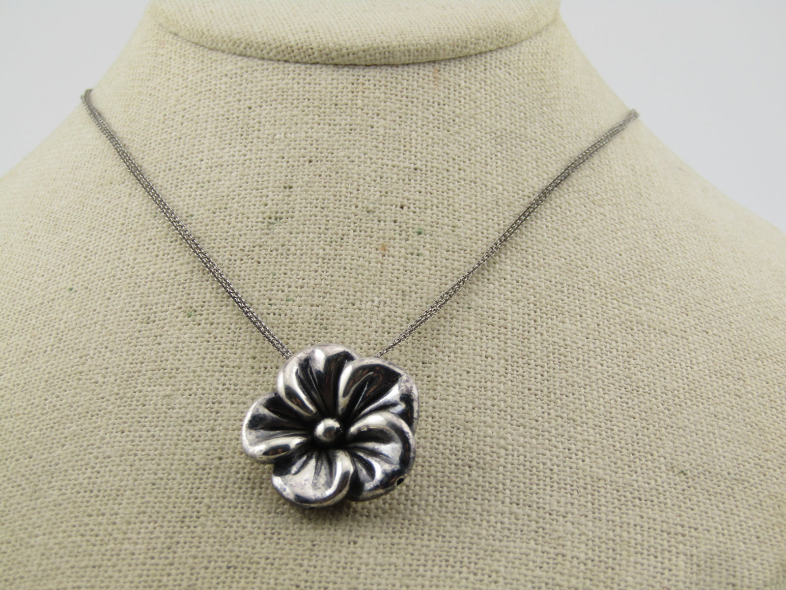 Vintage Sterling Blossom Necklace, Double Strand, 18", 1980's: Vintage Sterling Blossom Necklace, Double Strand, 18", 1980's Signed TH next to .925 and signed with a N above. The blossom is appx. 7/8" with five petals. It is set lower in the center with a