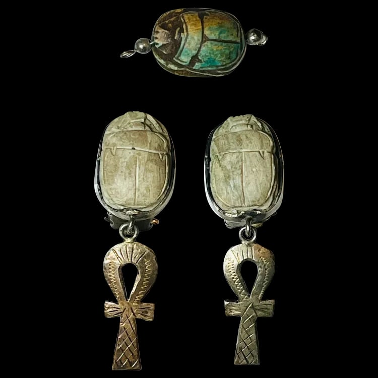 Vintage Hand carved Scarab Sterling Silver Earrings and Pendant Set (1 of 7)