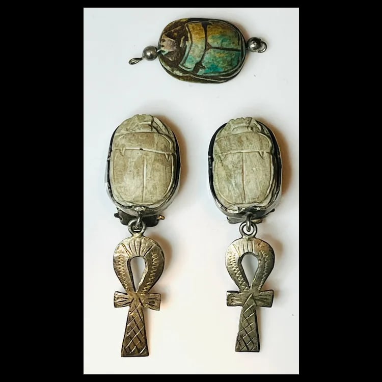 Vintage Hand carved Scarab Sterling Silver Earrings and Pendant Set - 2