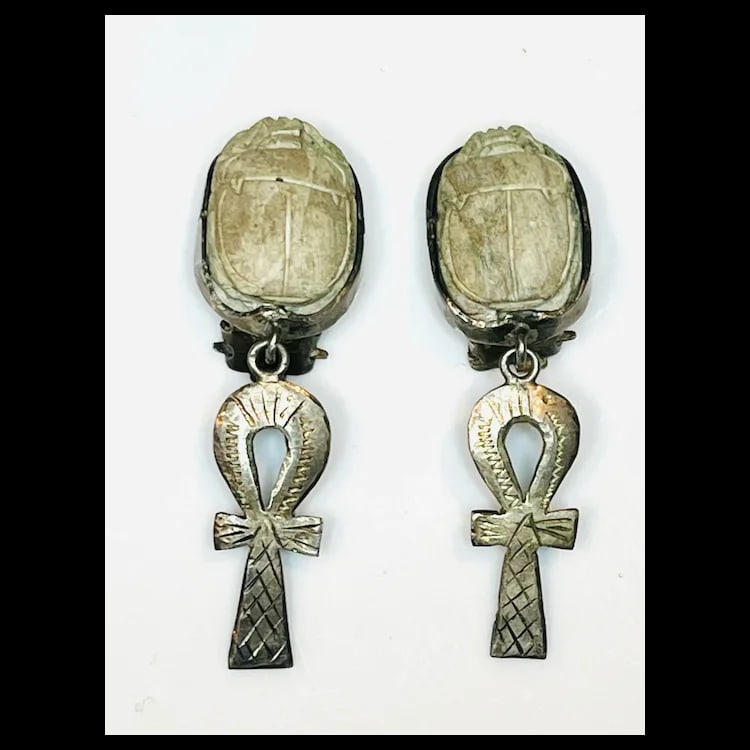 Vintage Hand carved Scarab Sterling Silver Earrings and Pendant Set - 3