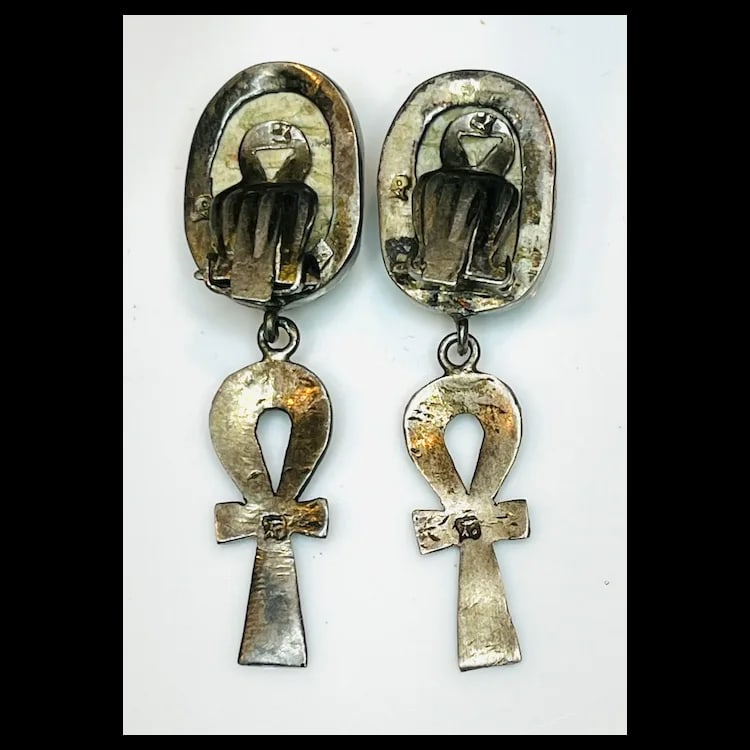 Vintage Hand carved Scarab Sterling Silver Earrings and Pendant Set - 5