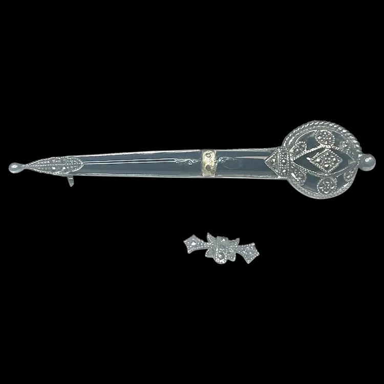 Vintage Sterling Silver, Marcasite, and Black Onyx Brooch/Pin: Title: Vintage Sterling Silver, Marcasite, and Black Onyx Brooch/Pin Description: Vintage Sterling Silver and Black Onyx Brooch/Pin Date/Period: Vintage Materials: Hallmarked: 925 and Designer Initial