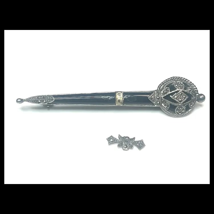Vintage Sterling Silver, Marcasite, and Black Onyx Brooch/Pin - 2