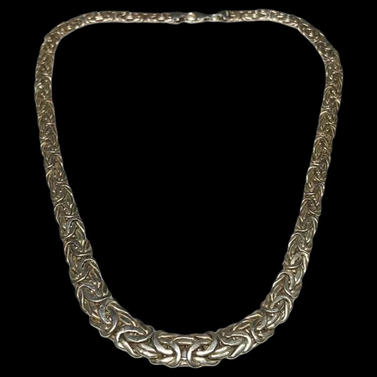 Vintage Sterling Silver Graduated Byzantine Chain Necklace: Title: Vintage Sterling Silver Graduated Byzantine Chain Necklace Description: Vintage Sterling Silver Graduated Byzantine Chain Necklace Date/Period: Vintage Materials: Hallmarked: AK 925 Turkey Size