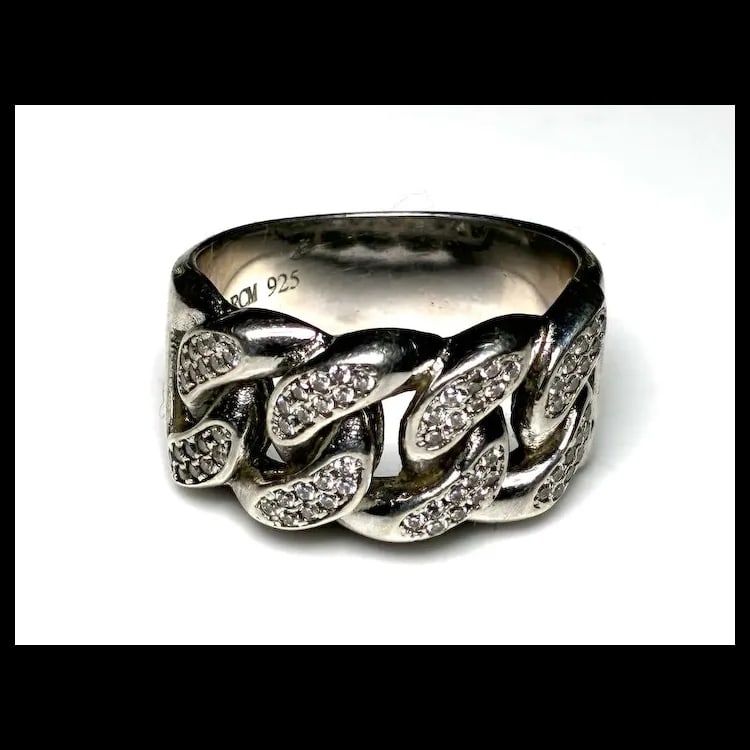 Estate Cuban Link Sterling Silver Moissanite Pave Ring - 2