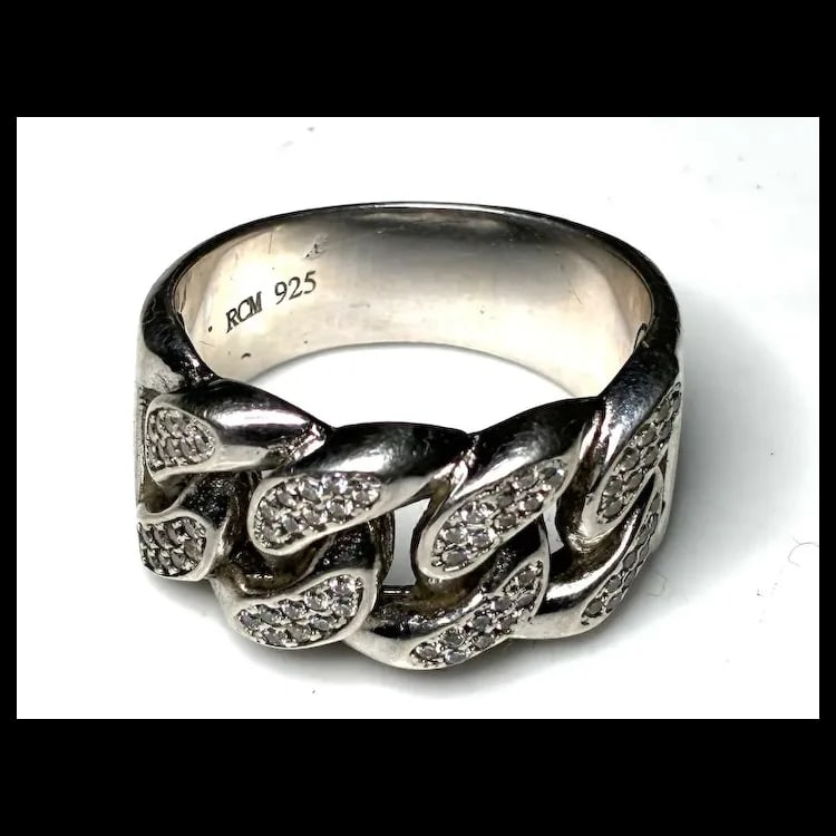 Estate Cuban Link Sterling Silver Moissanite Pave Ring - 3