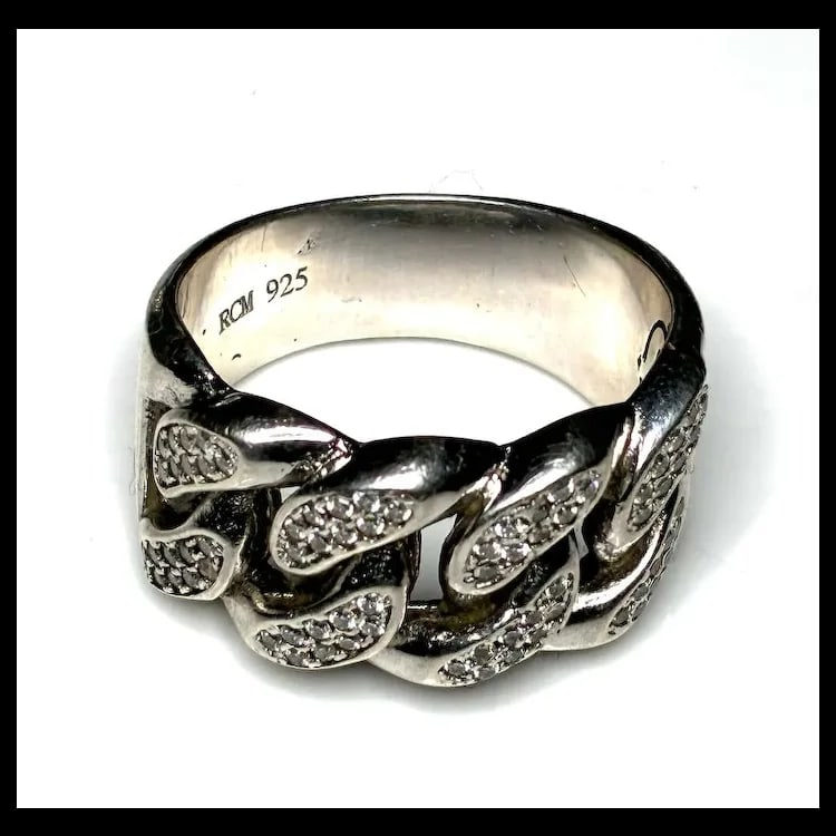 Estate Cuban Link Sterling Silver Moissanite Pave Ring - 4