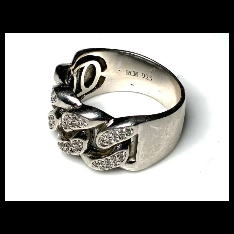 Estate Cuban Link Sterling Silver Moissanite Pave Ring - 5