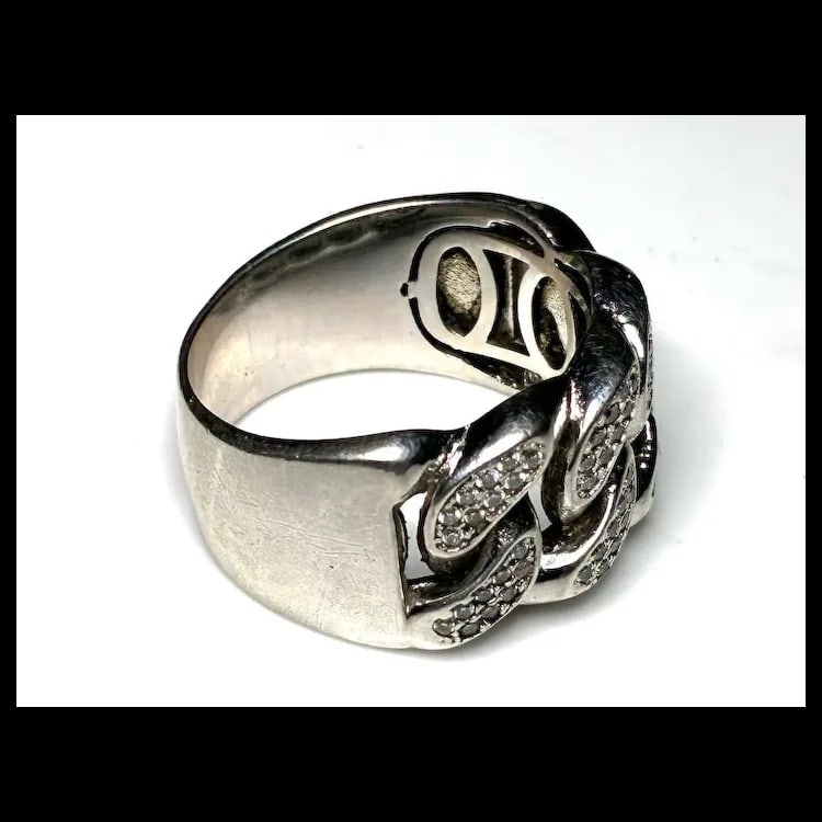 Estate Cuban Link Sterling Silver Moissanite Pave Ring - 6