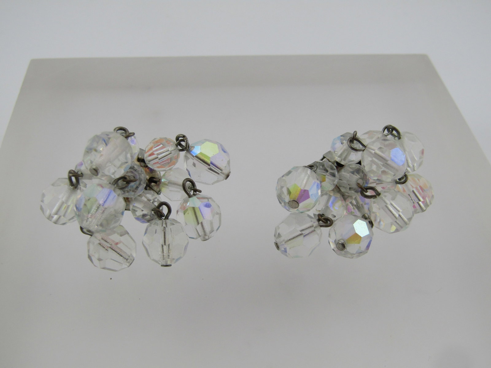 Vintage Clear Aurora Borealis Crystal Stud Drop Earrings, Mid-Century, Pierced - 5