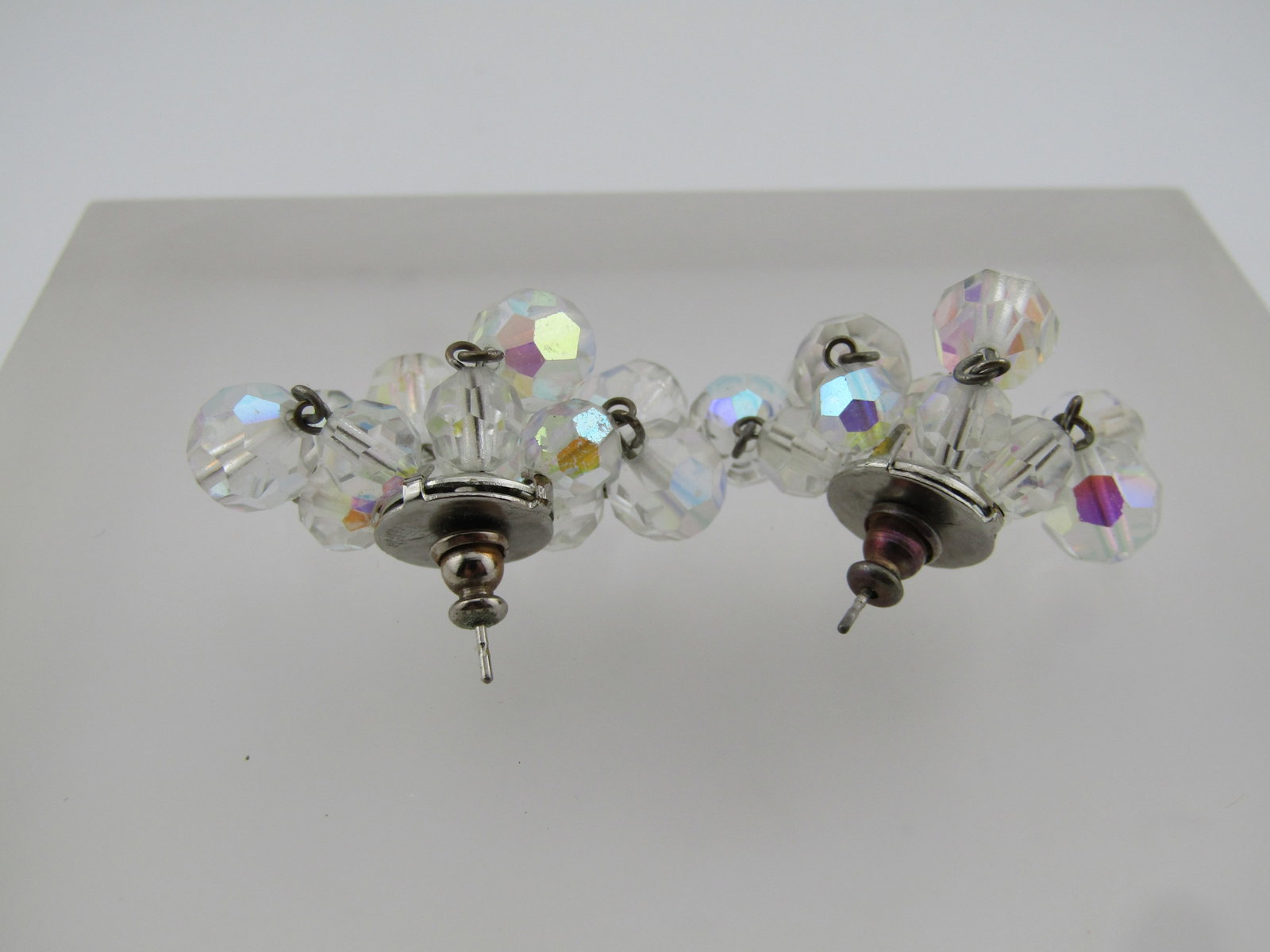 Vintage Clear Aurora Borealis Crystal Stud Drop Earrings, Mid-Century, Pierced - 6