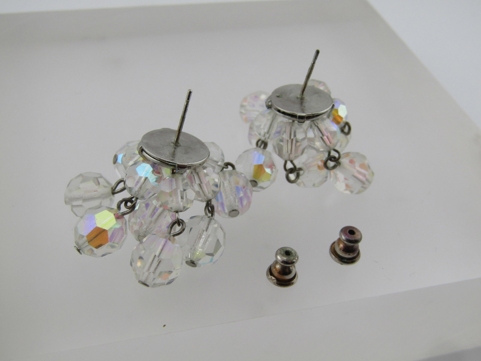 Vintage Clear Aurora Borealis Crystal Stud Drop Earrings, Mid-Century, Pierced - 7