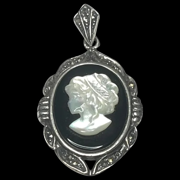 Vintage Sterling Silver and Marcasite Cameo Pendant (1 of 9)