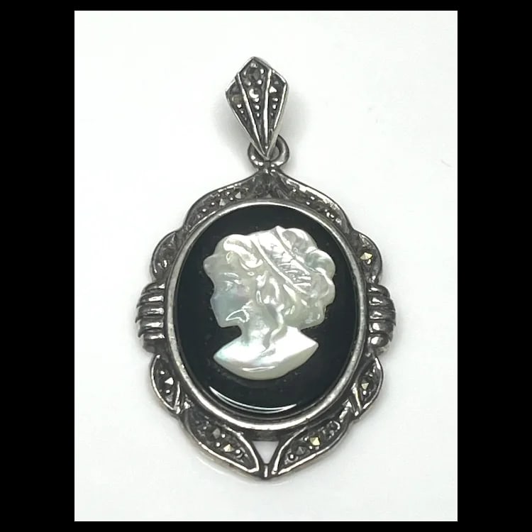 Vintage Sterling Silver and Marcasite Cameo Pendant - 2